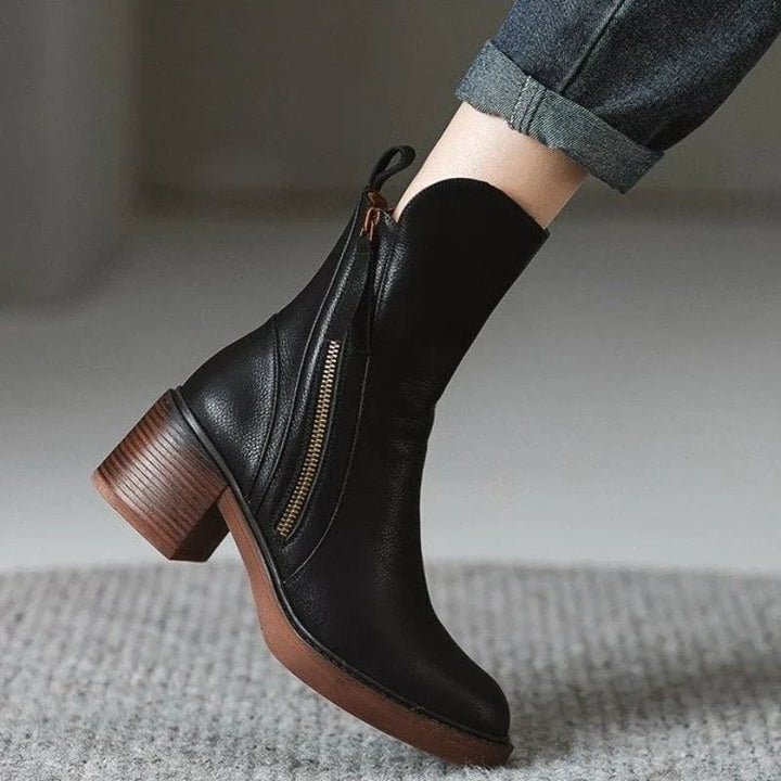 Close-up of the Selene ankle boot toe and smooth upper in brown