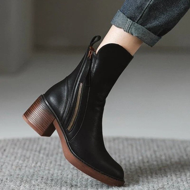 Close-up of the Selene ankle boot toe and smooth upper in brown