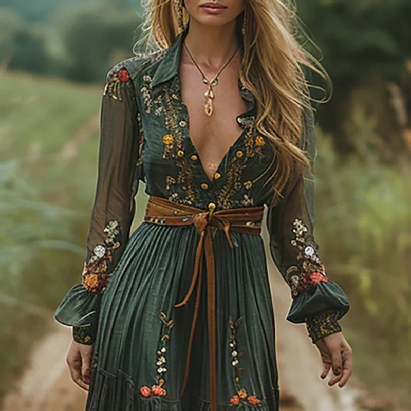 Close-up of retro floral print and button-down front detail on a green boho maxi dress