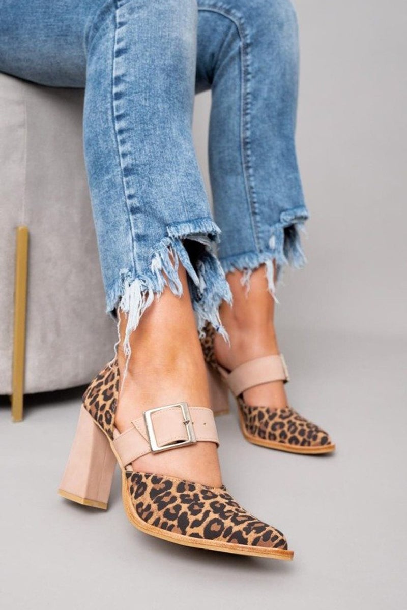 Close-up of khaki leopard print suede sandal with stable heel and pointed toe on a neutral background