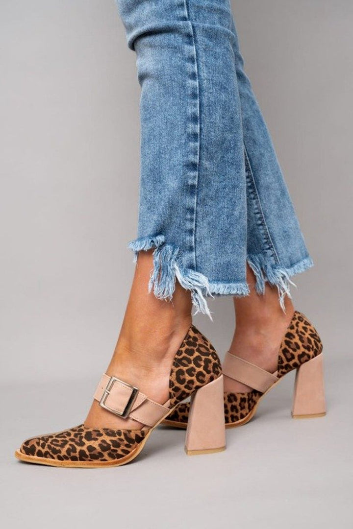 Side view of women's khaki leopard suede heeled sandal showing pointed toe and stable block heel