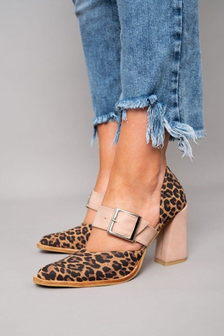Overhead or styled shot of khaki leopard print sandals with stable heel from Florimay