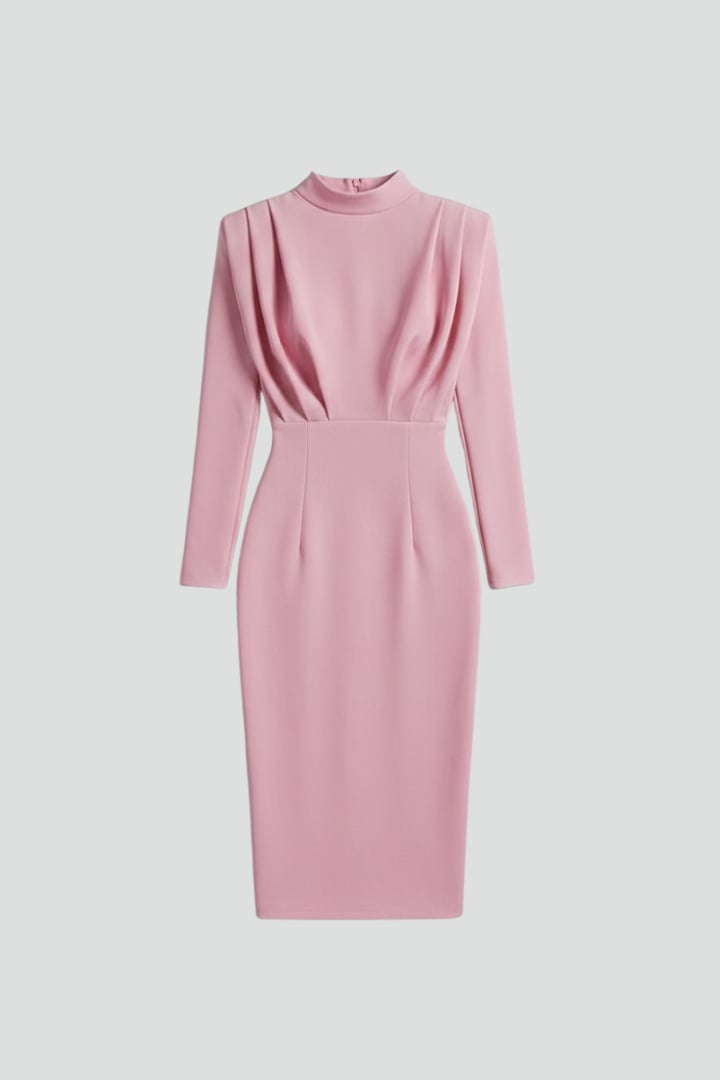 Woman wearing the Serafina mock neck long sleeve maxi dress in pink with a fitted silhouette