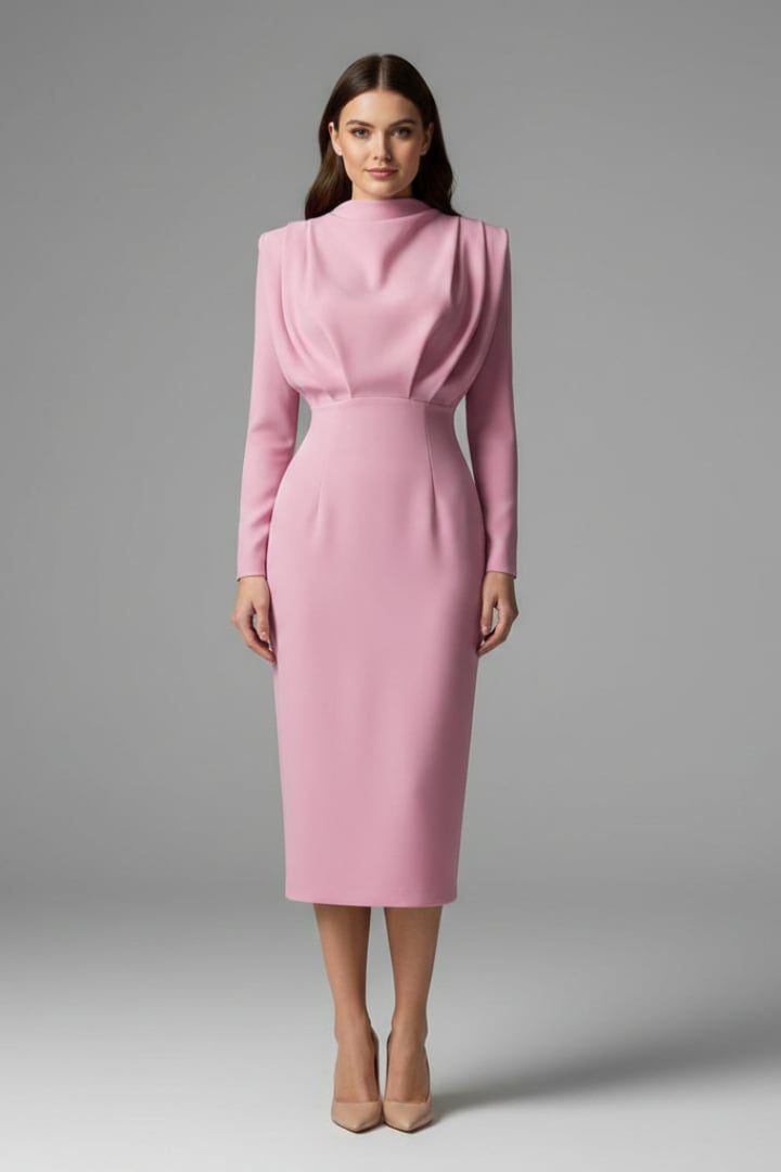 Front view of the Serafina maxi dress showing the mock neckline and floor-length hem