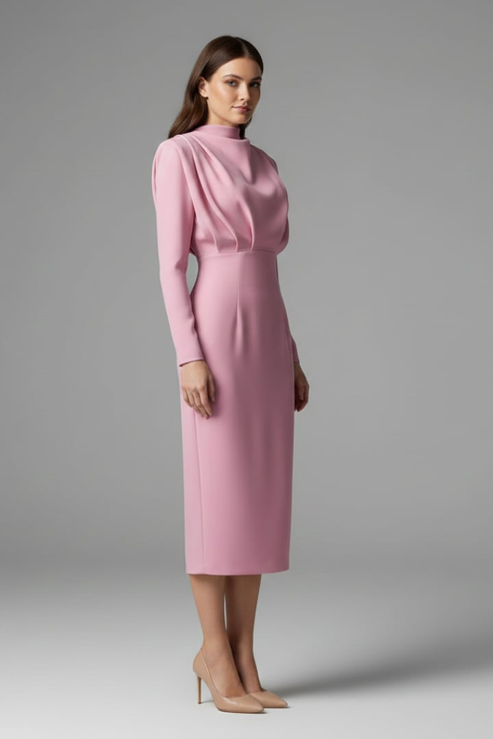 Side view of the Serafina long sleeve maxi dress highlighting the shaped waist