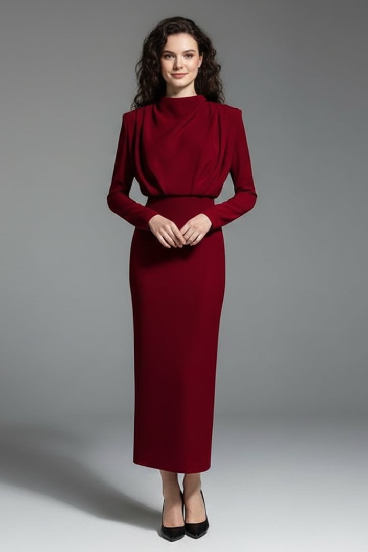 Woman modeling the Serafina fitted maxi dress in purple with elegant drape