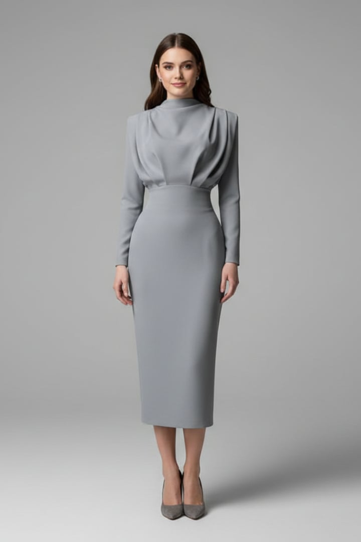 Back view of the Serafina long sleeve mock neck maxi dress in light blue