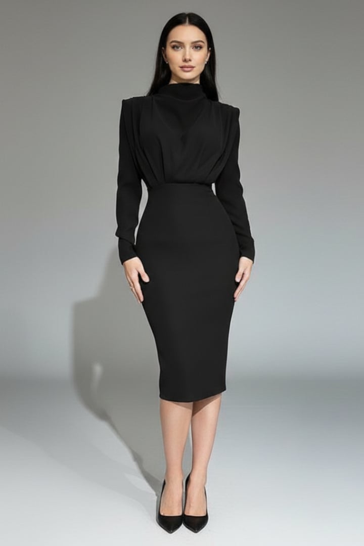 Detail shot of the long sleeve and fitted bodice on the Serafina maxi dress