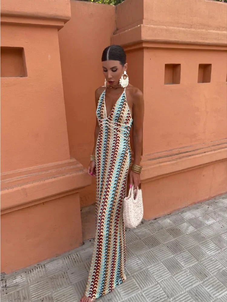 Side profile of the Seraphina maxi dress showing the body-skimming silhouette