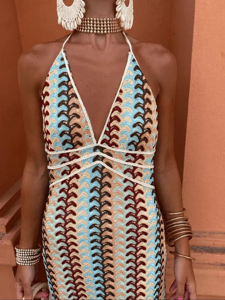 Full-length shot of model wearing the Seraphina maxi dress at an outdoor event