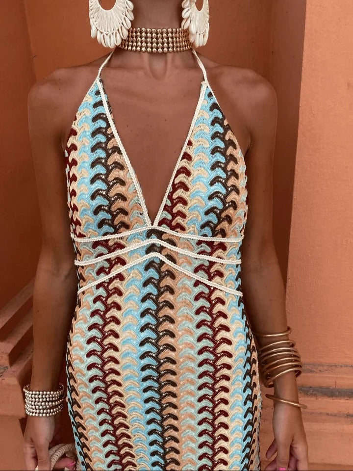 Full-length shot of model wearing the Seraphina maxi dress at an outdoor event