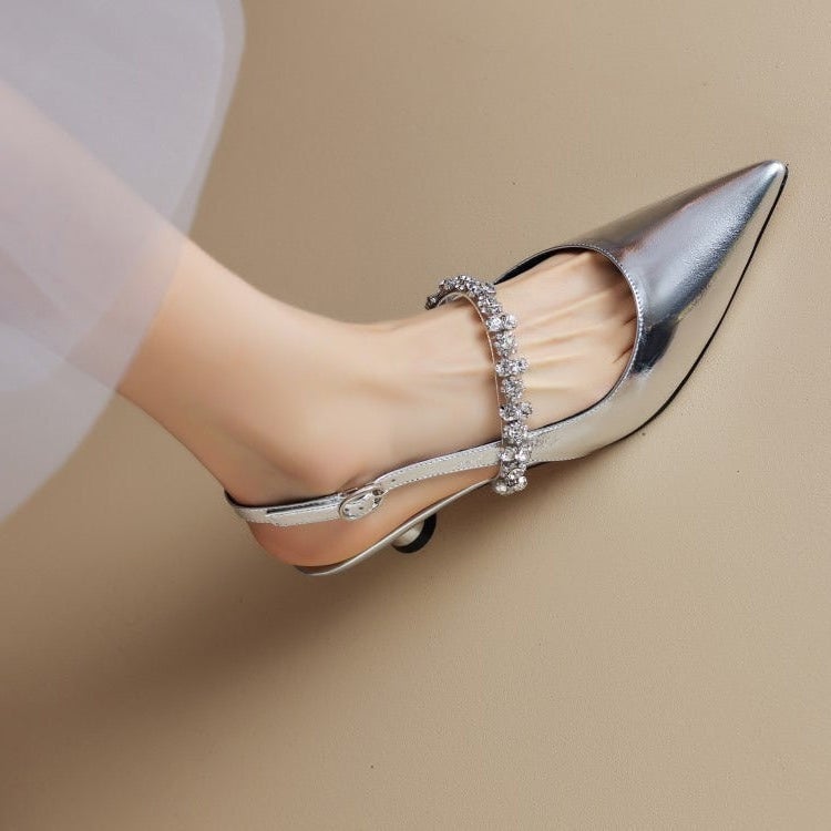 Seraphina silver crystal strap slingback pointed toe heels on a white background