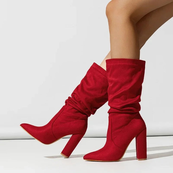 Florimay Serena slouchy mid-calf boots in red, shown from the front against a clean background