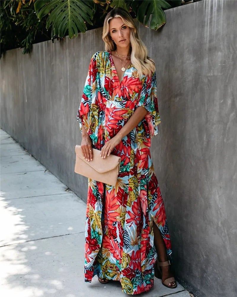 Side view of the Serena maxi dress highlighting the airy full-length skirt in motion