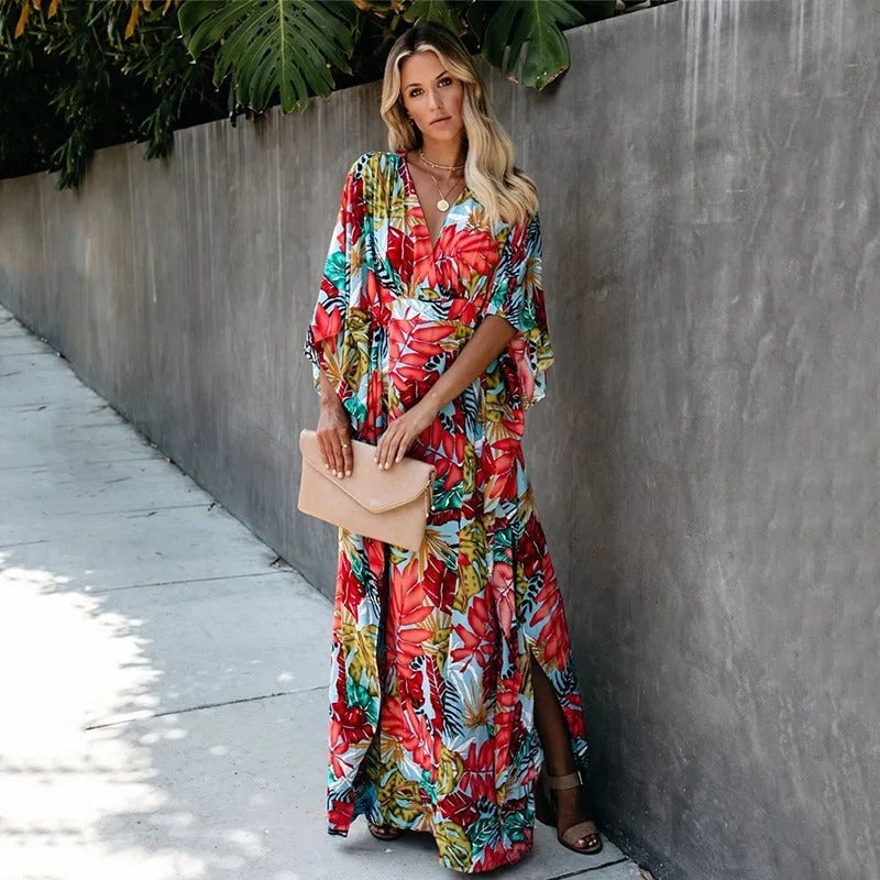 Back view of the Serena women's wrap maxi dress showing elegant drape and silhouette