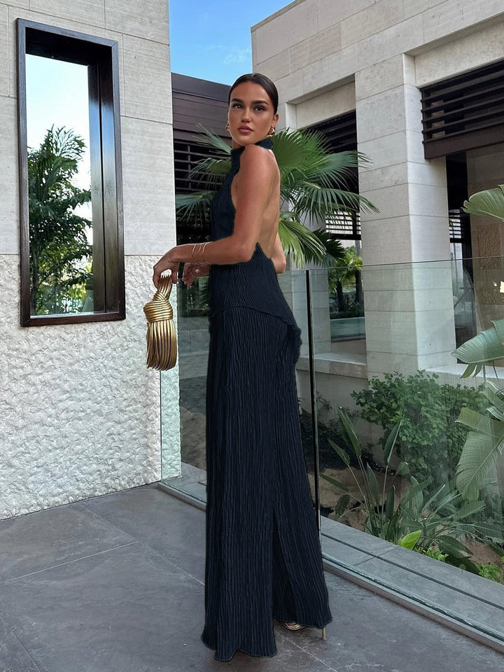 Side profile of woman in champagne Serena wide-leg pants set showing graceful silhouette