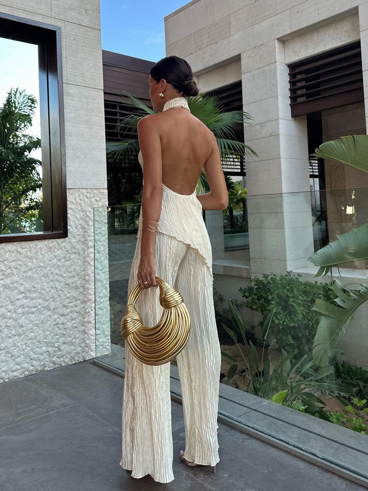 Back view of the Serena co-ord set in black with open-back halter detail