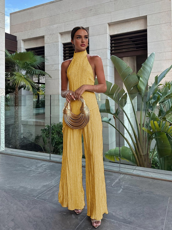Full-length shot of woman in red Serena wide-leg pants set showing elegant silhouette