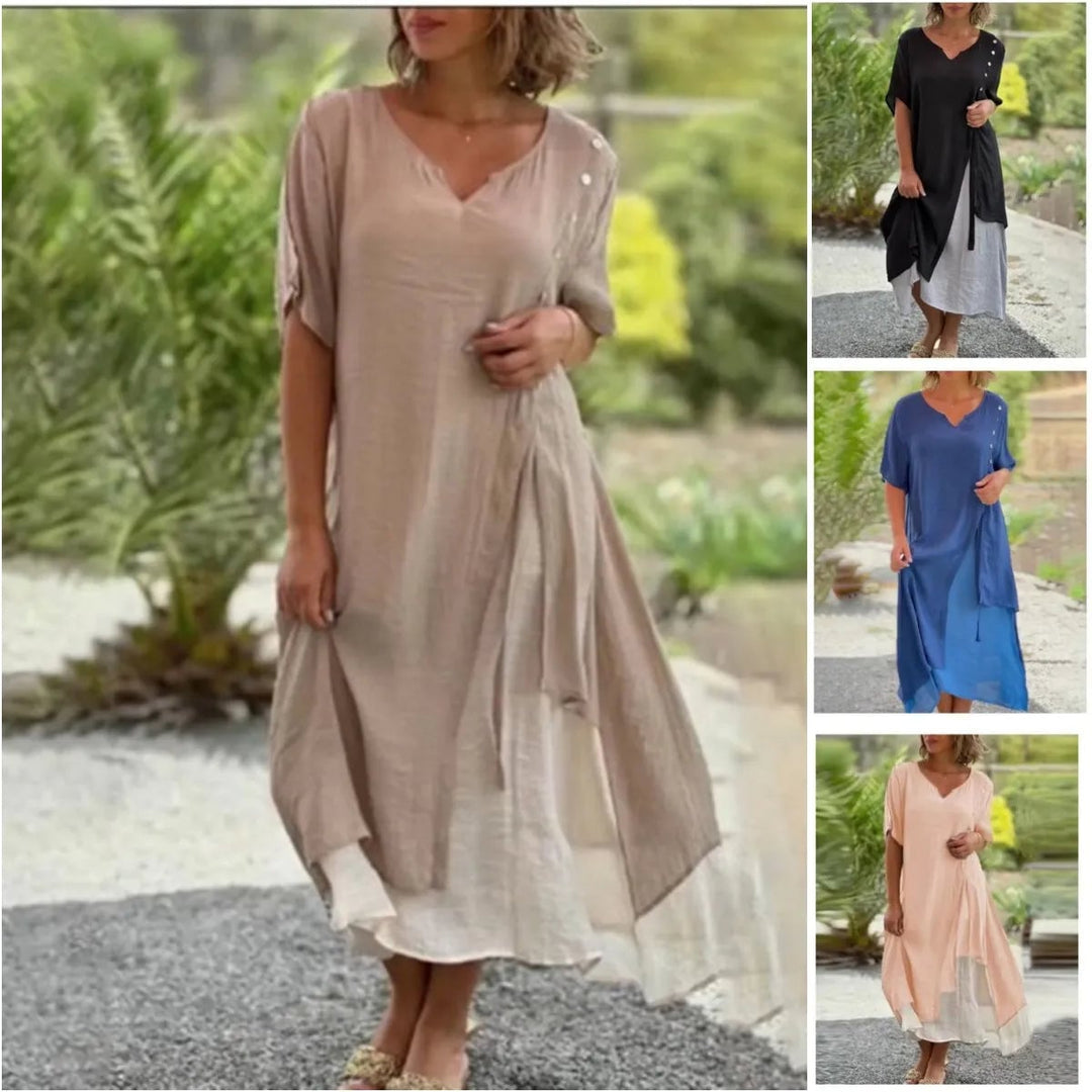 Side view of the Serena layered midi dress highlighting the easy flowing cut and layered hem detail