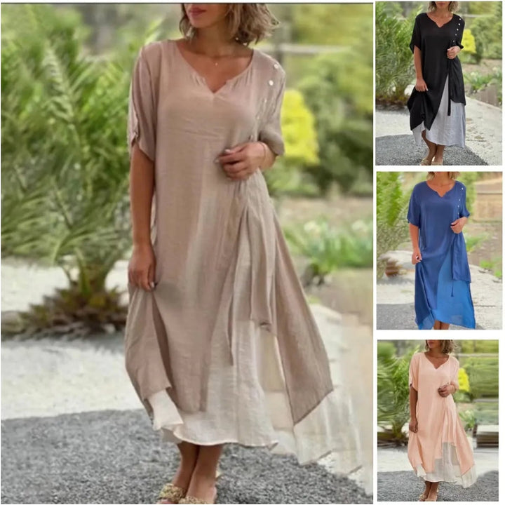 Side view of the Serena layered midi dress highlighting the easy flowing cut and layered hem detail