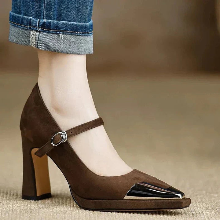 Serena cap toe Mary Jane block heel pump in brown with black patent toe cap, front view
