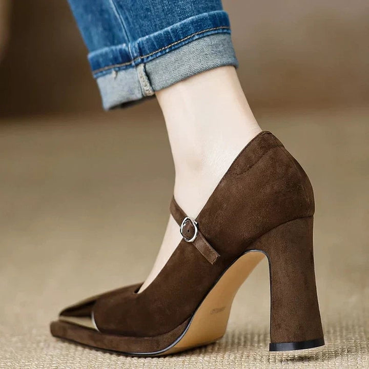 Serena cap toe Mary Jane block heel pump in brown, side profile showing slim ankle strap and buckle