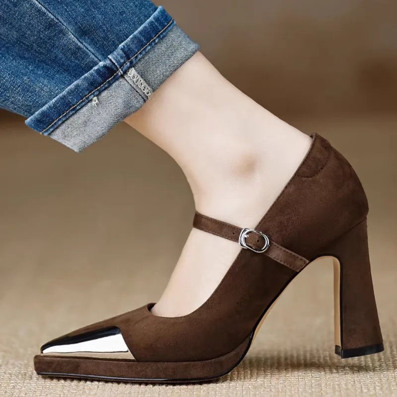 Serena cap toe Mary Jane pump in brown, rear view highlighting sculpted block heel