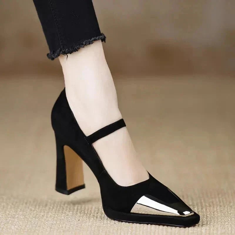 Serena cap toe Mary Jane block heel pump in all-black, front view