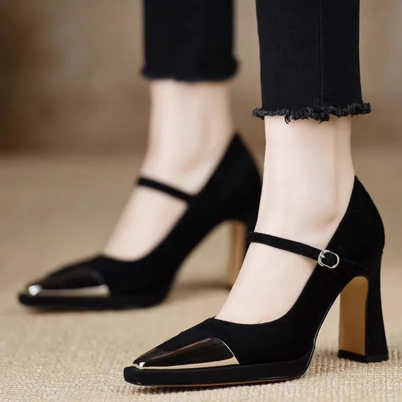 Serena all-black Mary Jane pump, side profile showing ankle strap and block heel