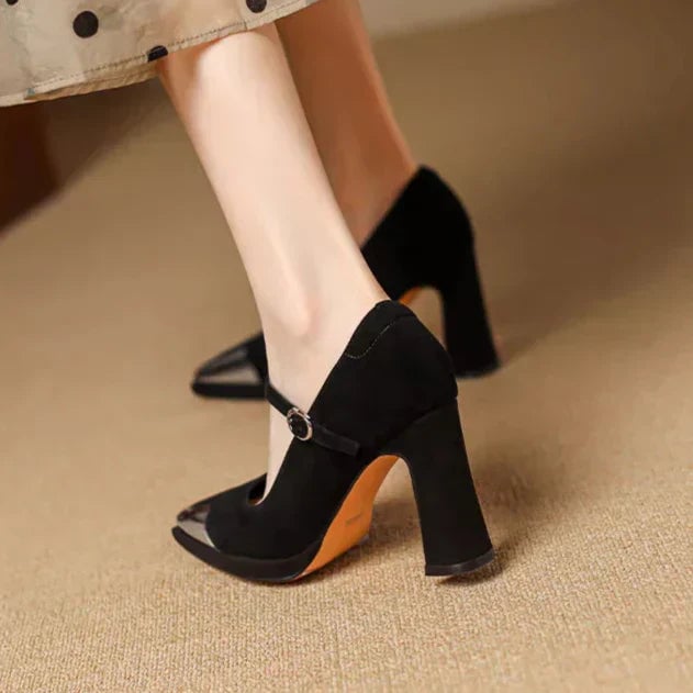 Both colorways of the Serena Mary Jane pump side by side — brown with black cap toe and all-black