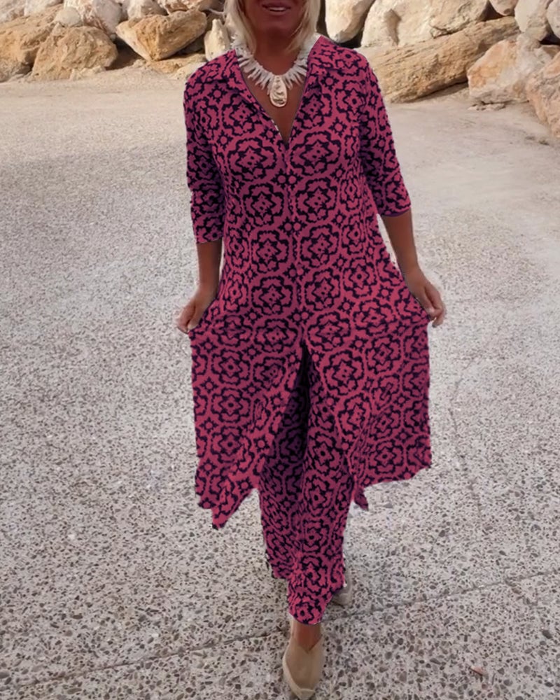 Side view of the Serena navy blue printed blouse and straight-leg pants set