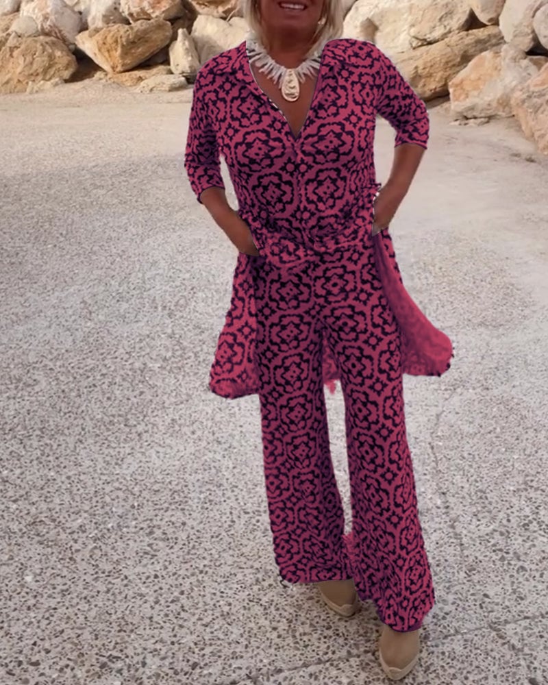 Full-length shot of the Serena two-piece set in fuchsia styled with simple flats