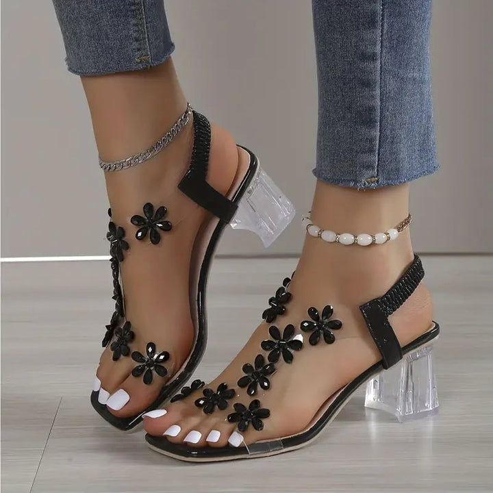 Serene rhinestone block heel sandals in champagne golden shown from the back angle