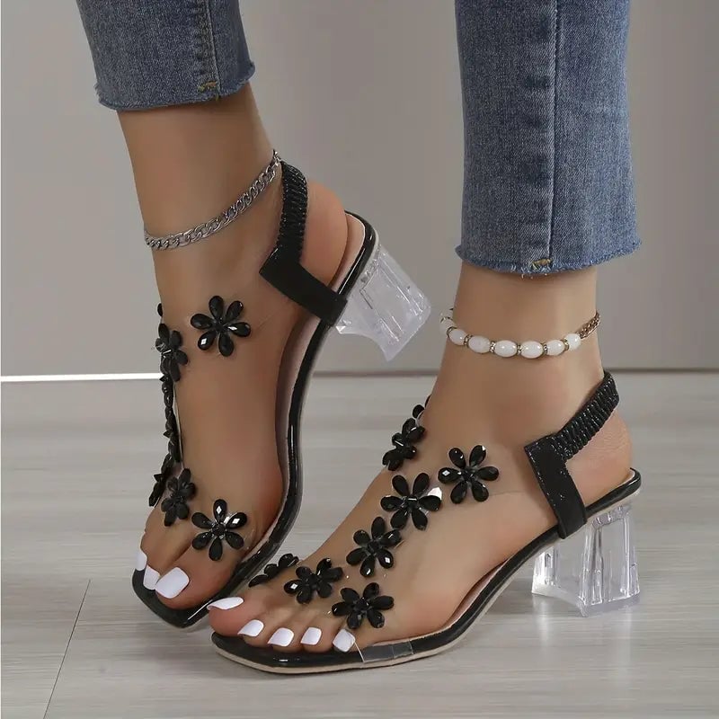 Serene rhinestone block heel sandals in champagne golden shown from the back angle