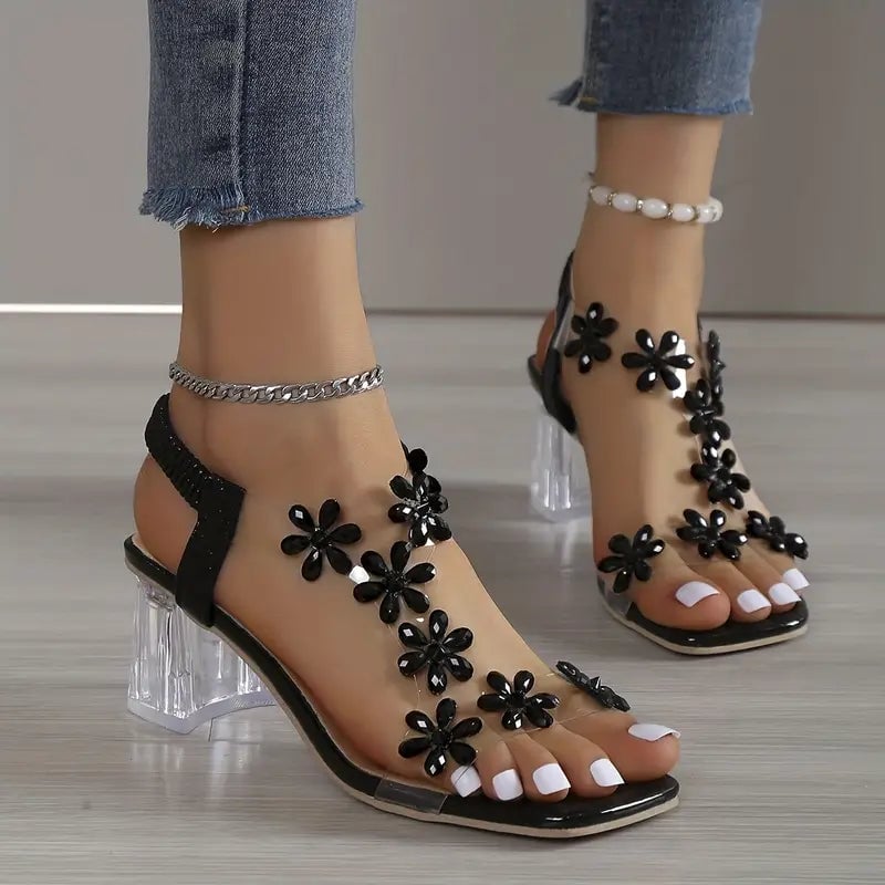 Side profile of Serene rhinestone block heel sandals in black highlighting the supportive block heel