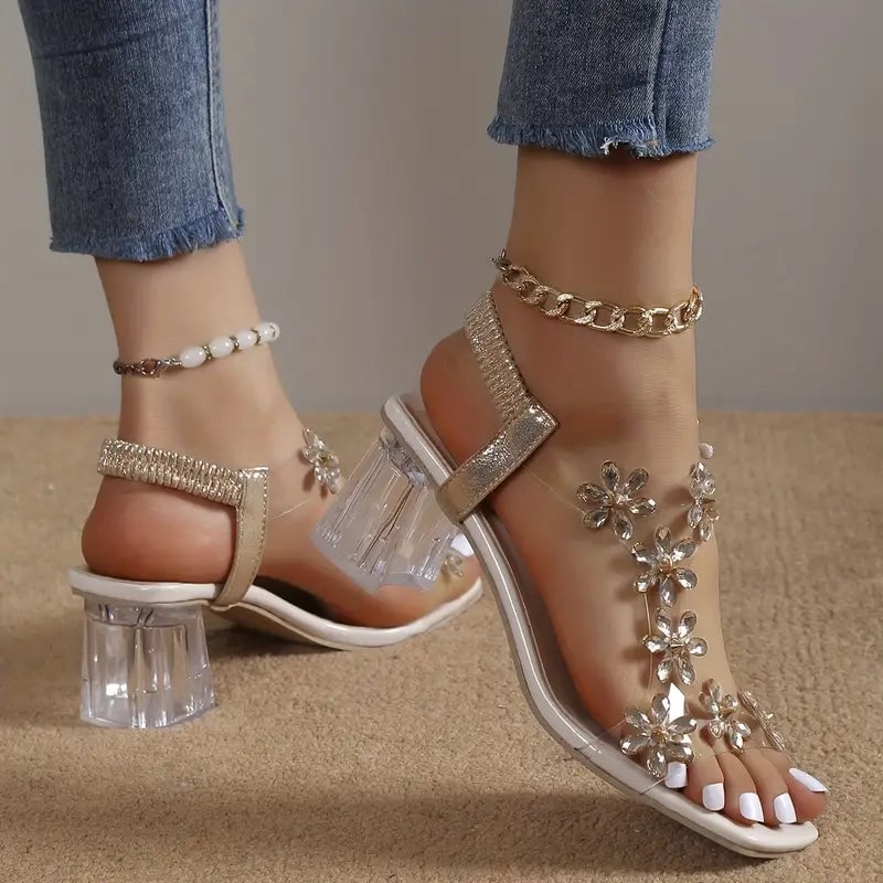 Serene rhinestone block heel sandals in black shown from the back angle