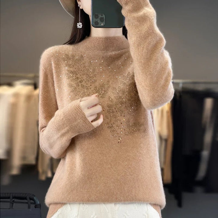 Serenella Embellished Sweater in Green colorway on a model