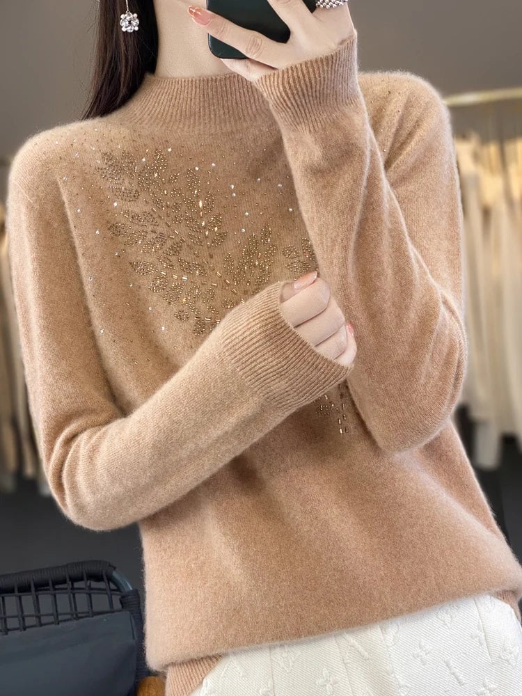 Serenella Embellished Sweater in Gold Camel colorway highlighting embellishment detail