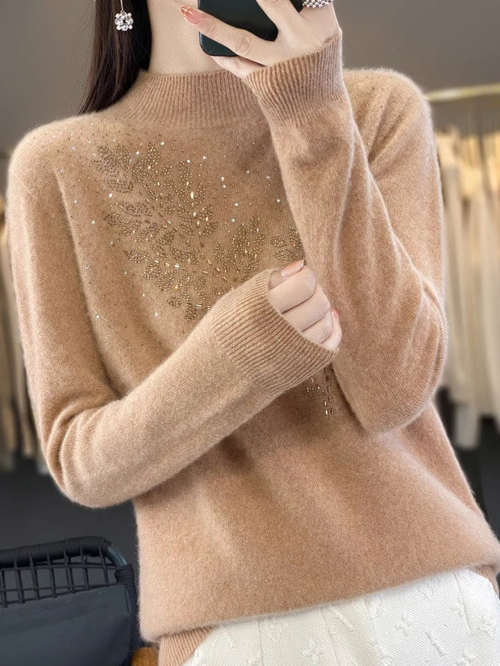 Serenella Embellished Sweater in Gold Camel colorway highlighting embellishment detail