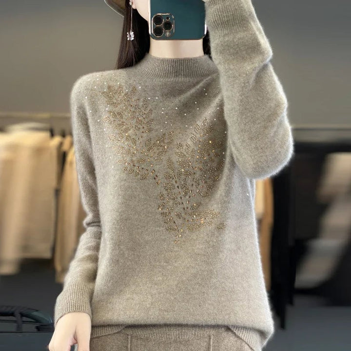 Serenella Embellished Sweater in Camel colorway worn with ankle boots