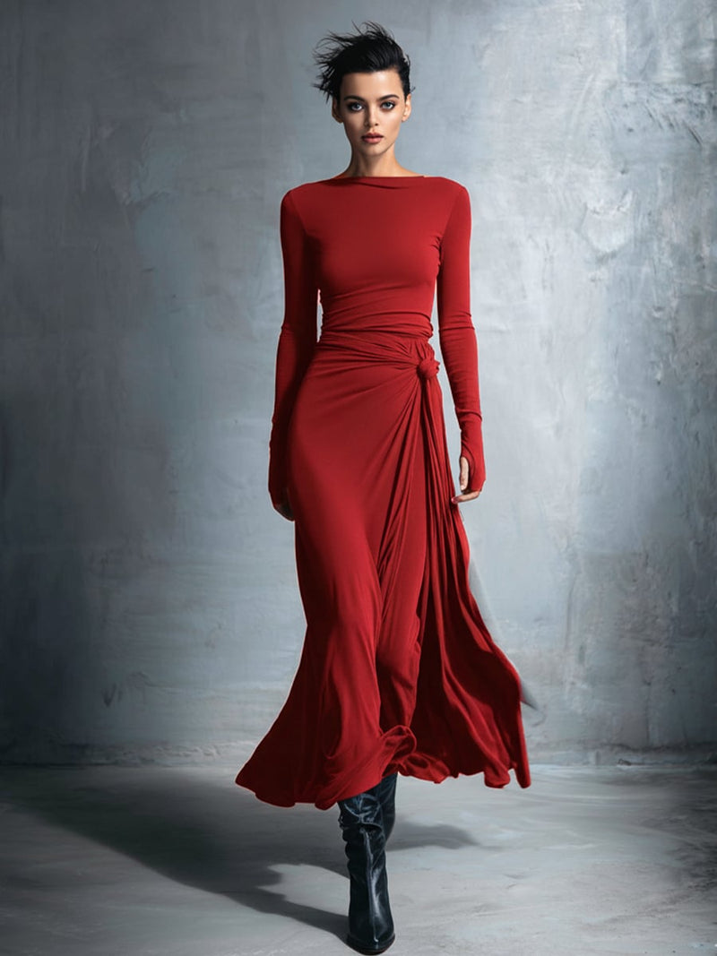Front view of a burgundy wrap maxi dress showing the flattering wrap neckline and maxi length