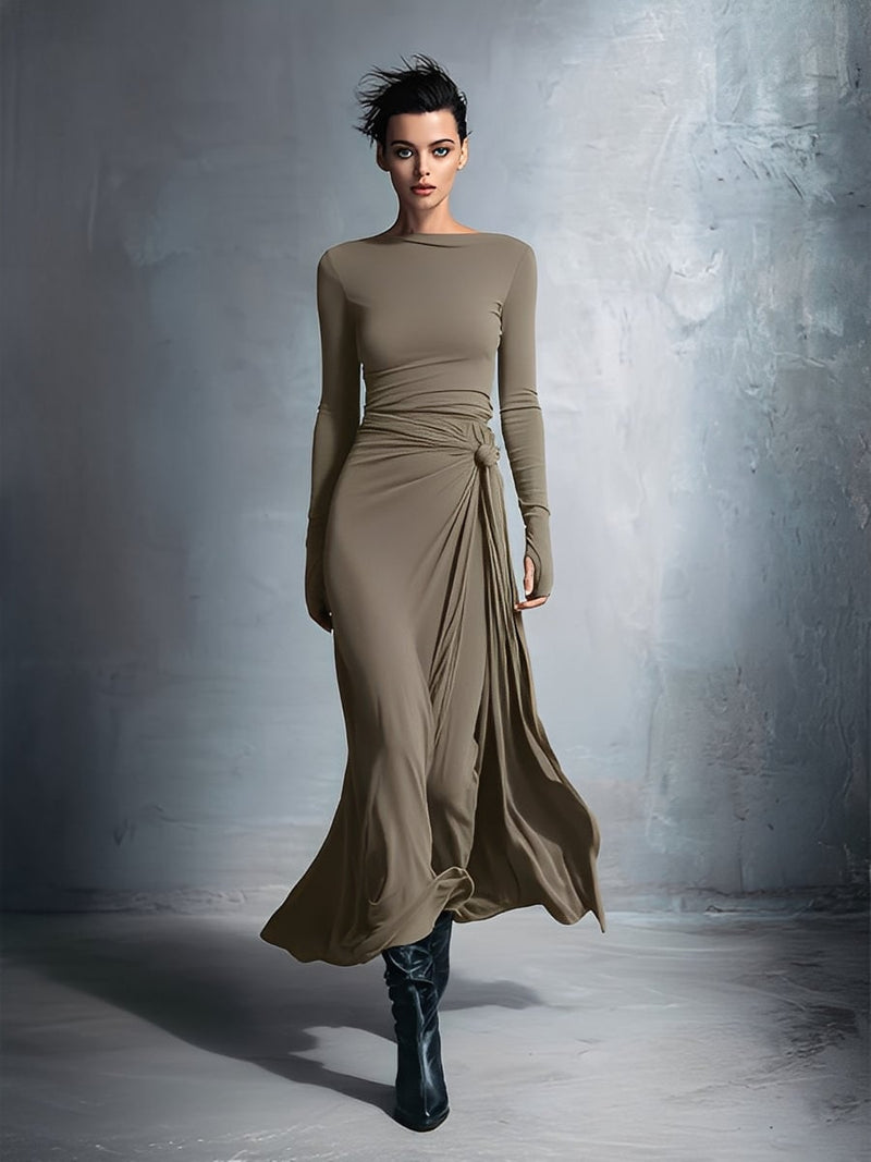 Close-up of the adjustable wrap tie detail on a khaki wrap maxi dress