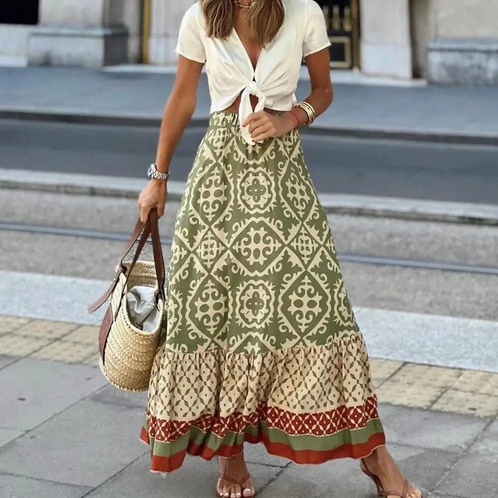 Full-length view of a green boho maxi skirt with medallion tile print and flowing A-line silhouette