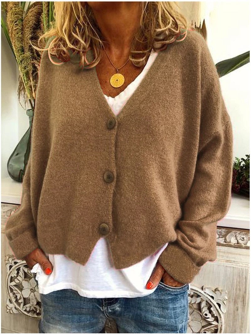 Front view of the Shannon knit cardigan showing button or open-front styling details