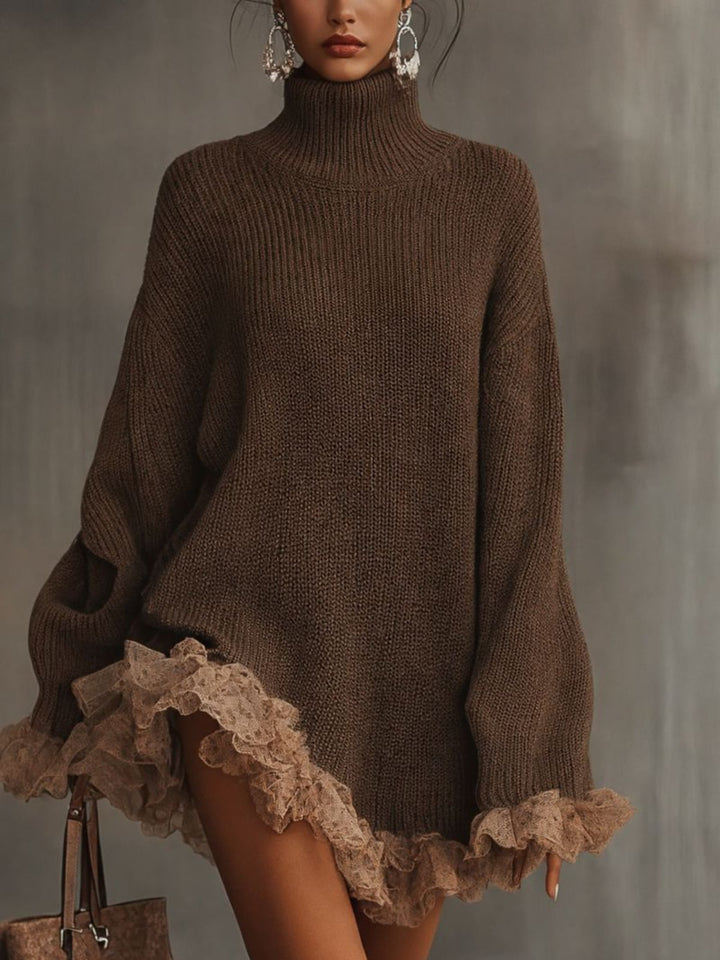 Front view of the Shannon ruffled dress in brown, showing delicate ruffle detailing and a body-skimming silhouette