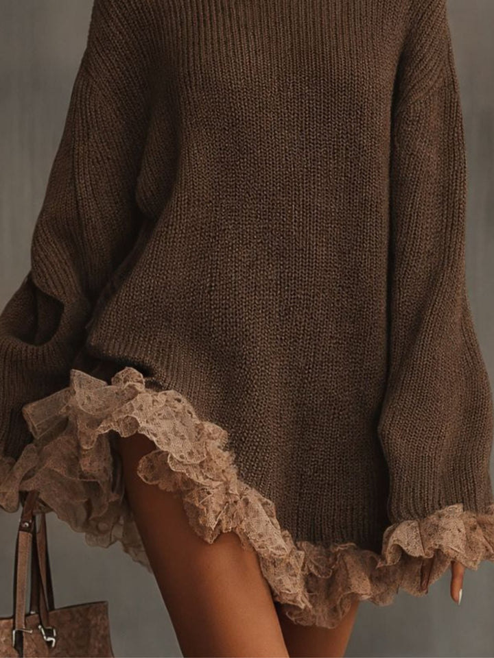 Close-up detail of the romantic ruffles on the brown Shannon knit dress