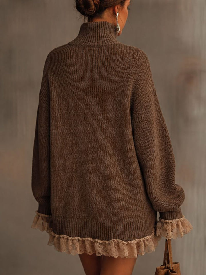 Model wearing the brown Shannon ruffled dress styled for a casual daytime look