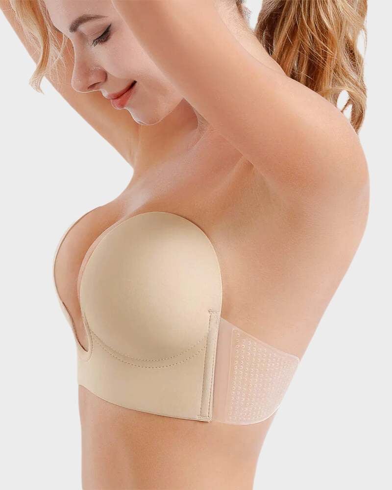 Side profile of woman in black seamless push-up bra showing natural lift and second-skin fit