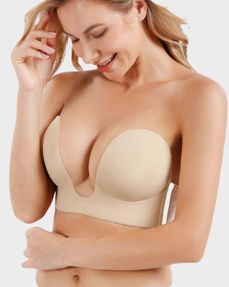Detail shot of the adjustable straps on the seamless push-up plunge bra in champagne
