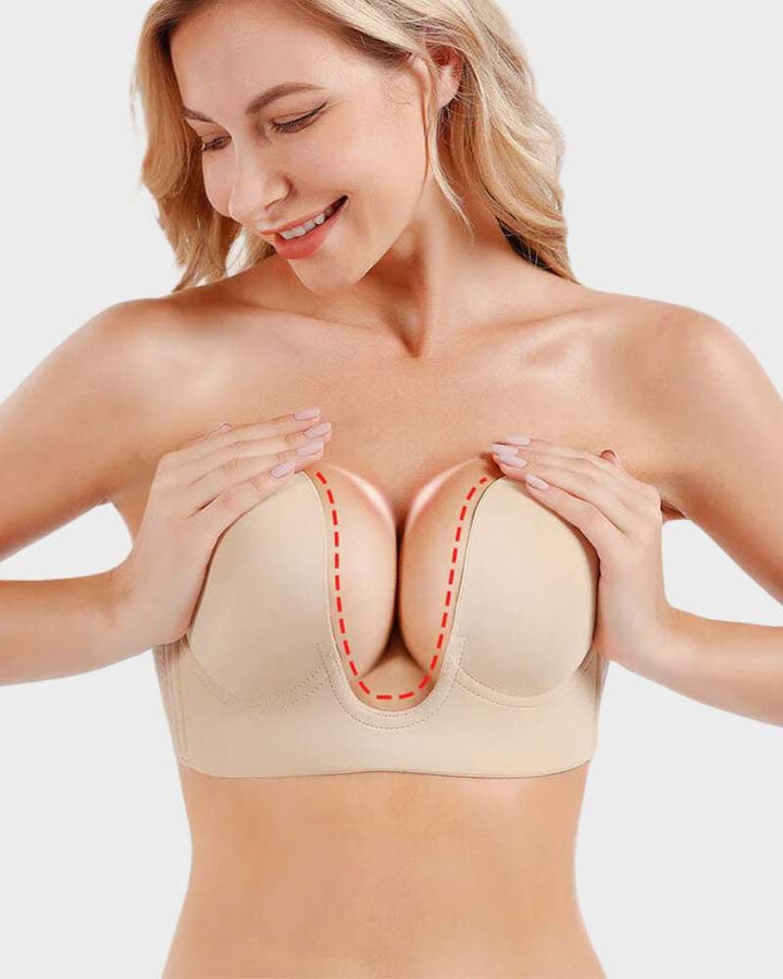 Flat lay of the push-up plunge bra in black displaying the wireless construction and soft material
